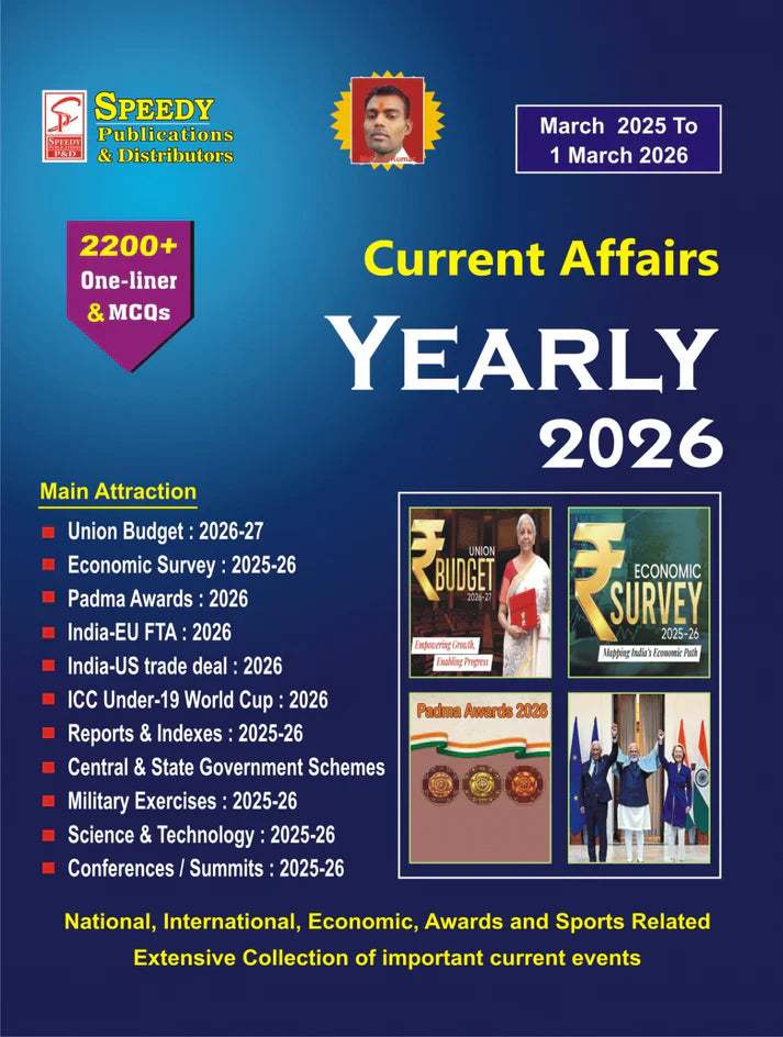 Speedy Current Affairs Yearly March 2026 English Monthly Magazine March 2025 To 1 March 2026 Union Budget 2026-27 Economic Servey 2025-26 And All Competitive Exams