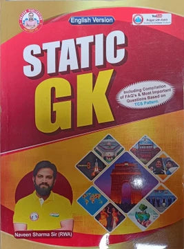 Book titled 'Static GK' with a red cover and images of landmarks, featuring a person in a yellow shirt.