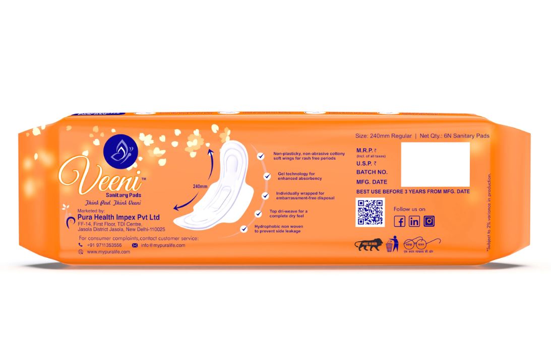 Veeni Regular 6 Pads 240mm With More Comfort and High Absorbency Sanitary Pads Anti Leak Channel Super Gel Lock 6 Pads Pack of 1