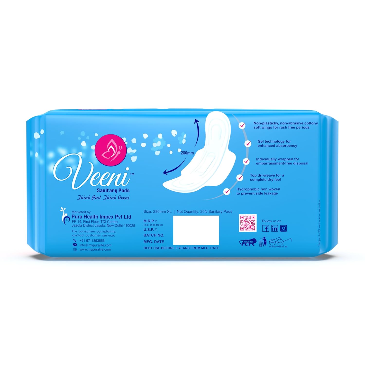 Veeni XL Pads 280mm With More Comfort and High Absorbency Sanitary Pads Anti Leak Channel Super Gel Lock 20 Pads Pack of 1