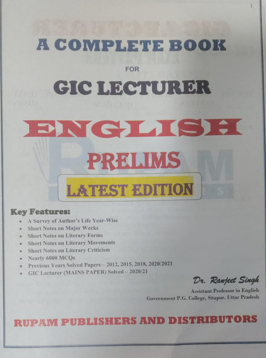 Rupam A Complete Book For GIC Lecturer UPPSC English Prelims Latest Edition By Dr Ranjeet Singh