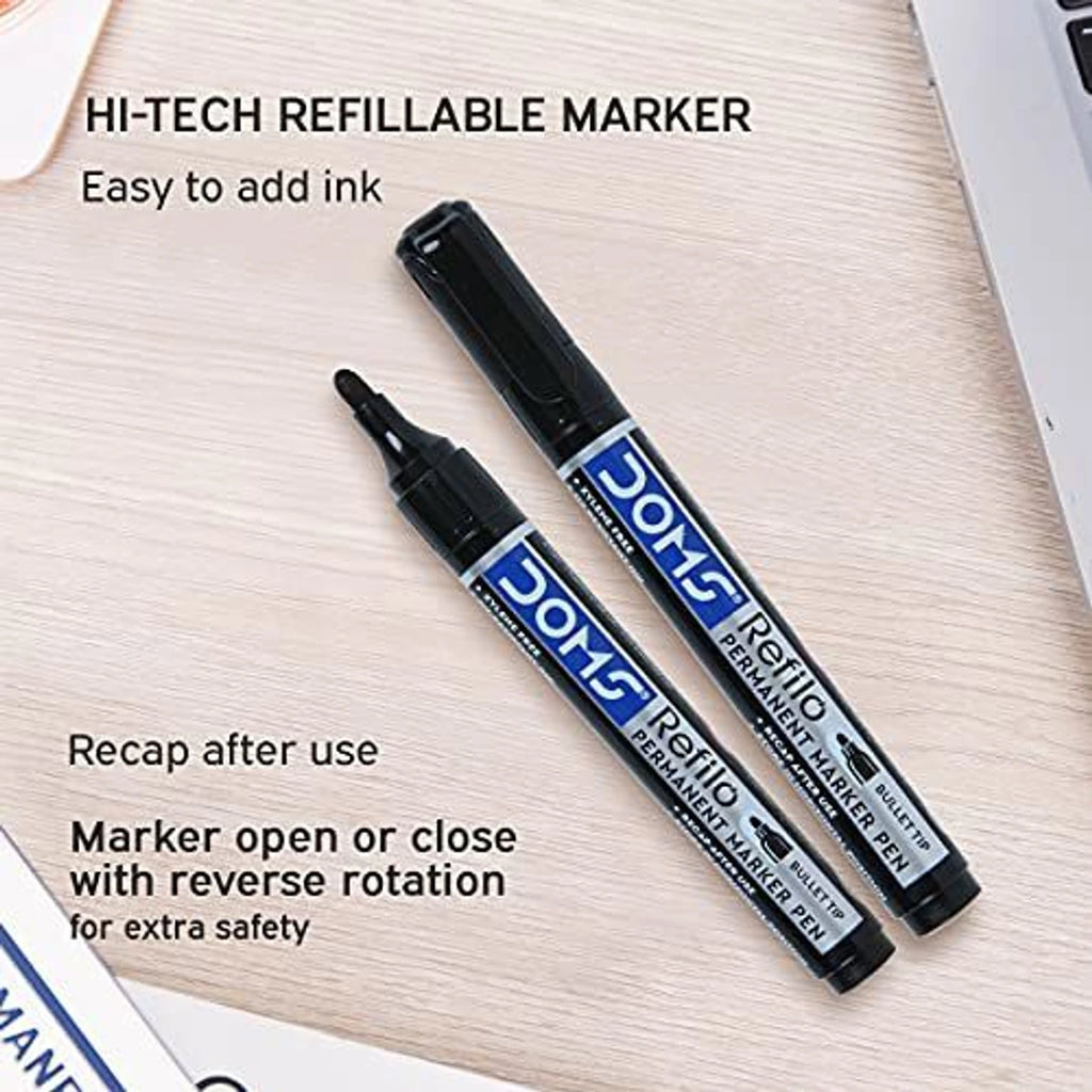 DOMS REFILO Permanent Marker Pen Non Toxic Hi-tech Refillable Bullet TIP Pack Of 10 Black INK
